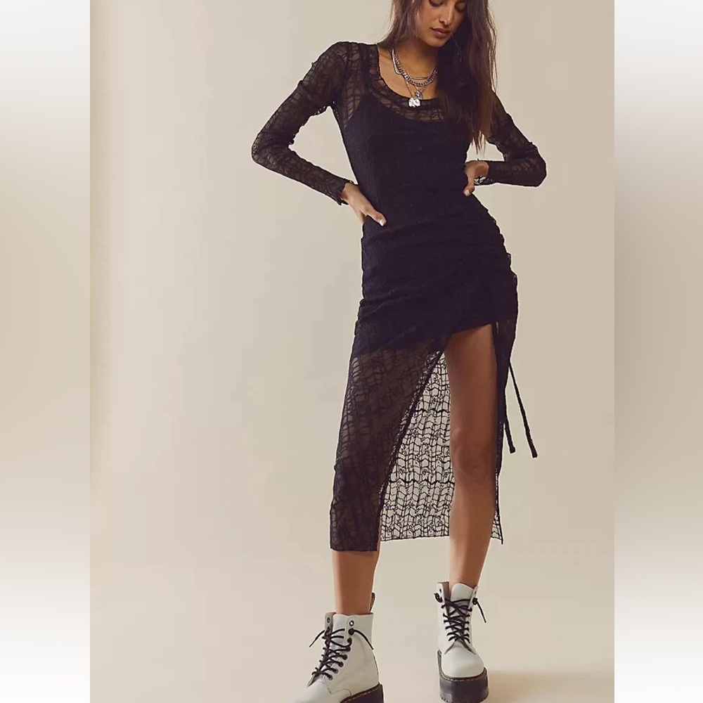 NEW Free People Black Lace Sheer Sabina High Slit Midi Dress - Picture 11 of 12
